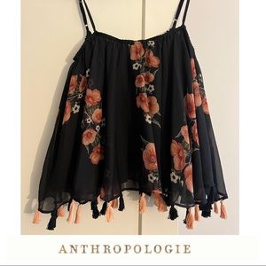 Carolina K Black floral blouse with tassels